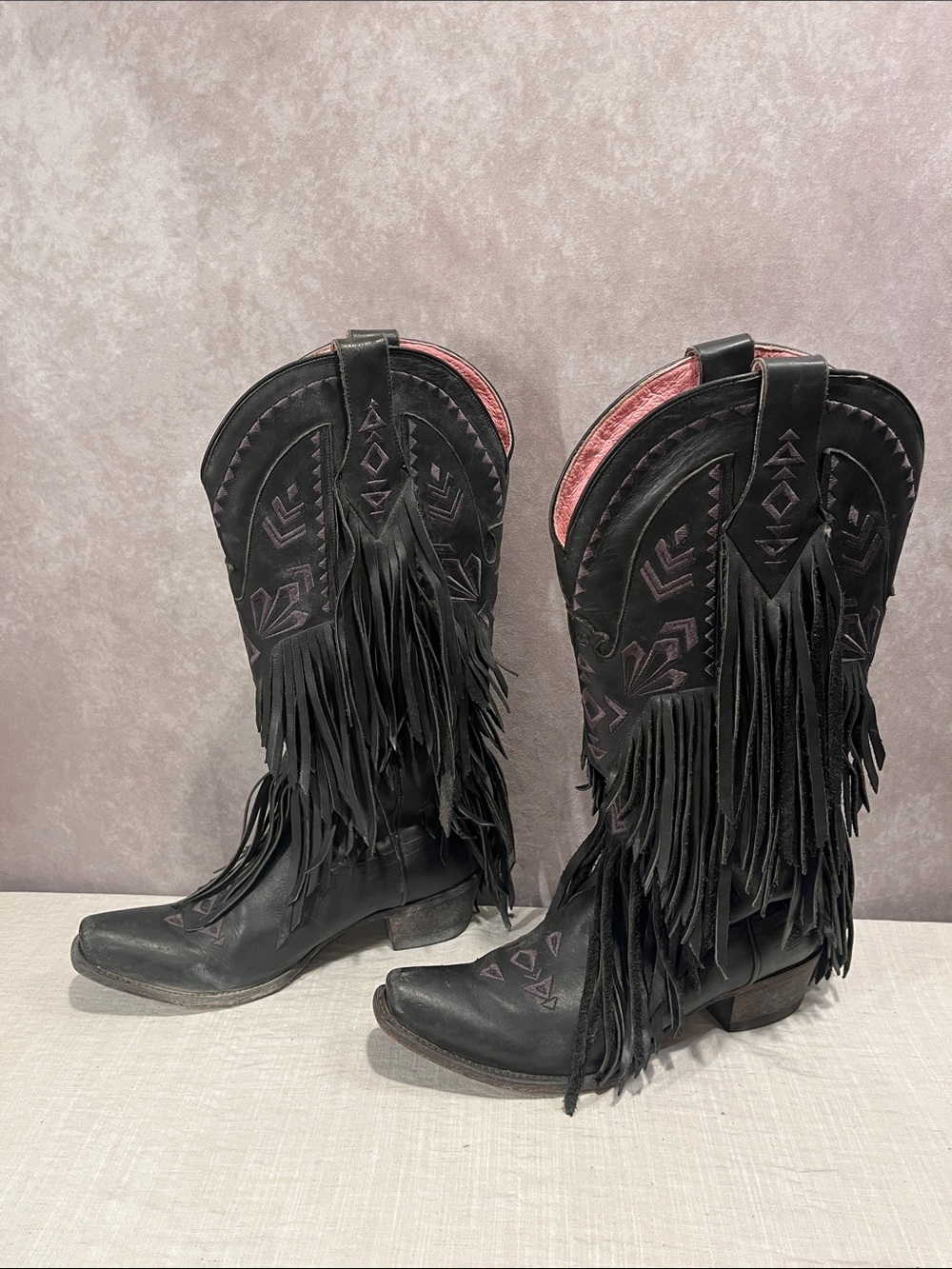 Junky Gypsy by Lane Thunderbird Fringe Black Leather Western Cowboy Boots size 8